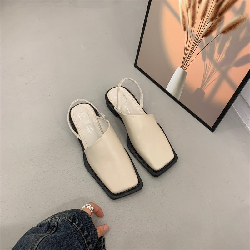 Spring and Autumn 2024 New Retro Girl French Style Square Toe Sandals Low Heeled Chunky Heeled Sandals Niche Toe Sandals Apricot