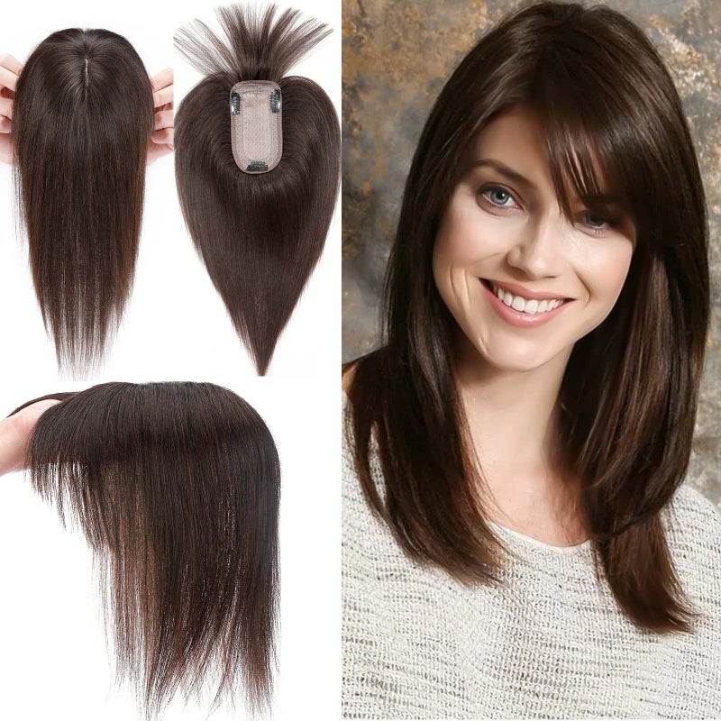 My Lady MY-LADY 150% Density Human Hair Toppers With Bangs For Women 10 Inch Dark Brown Silk Base Clip in Toppers Top Hair Pieces for Thinning Hair Hair Loss - Image 1