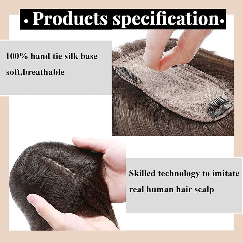 My Lady MY-LADY 150% Density Human Hair Toppers With Bangs For Women 10 Inch Dark Brown Silk Base Clip in Toppers Top Hair Pieces for Thinning Hair Hair Loss - Image 3
