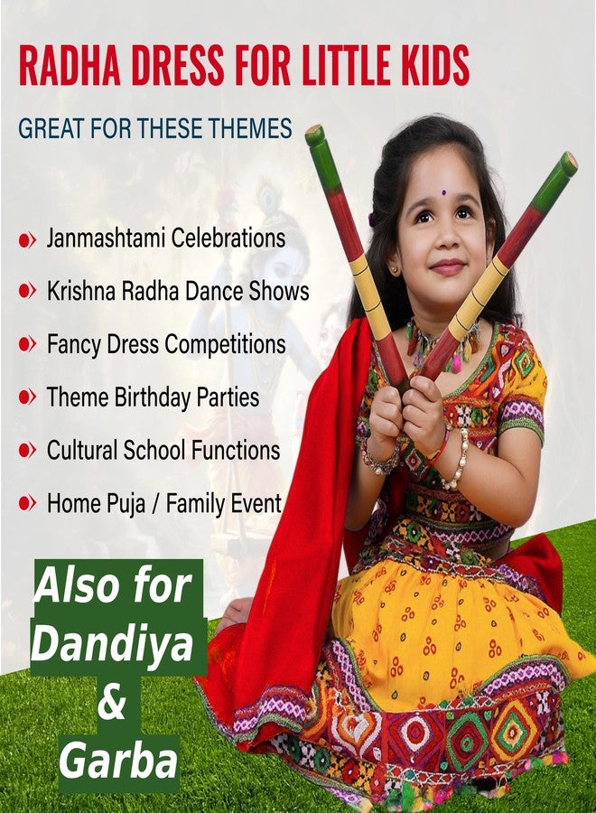 Sarvda Brocade Shree Krishna Dress For Baby Boy & Radha Dress For Girls | Janamashtami Dress | Fancy Dress Costume With Accessories Dhoti, Dupatta, Mukut Flute Complete Set, Ethnic Wear - Image 4