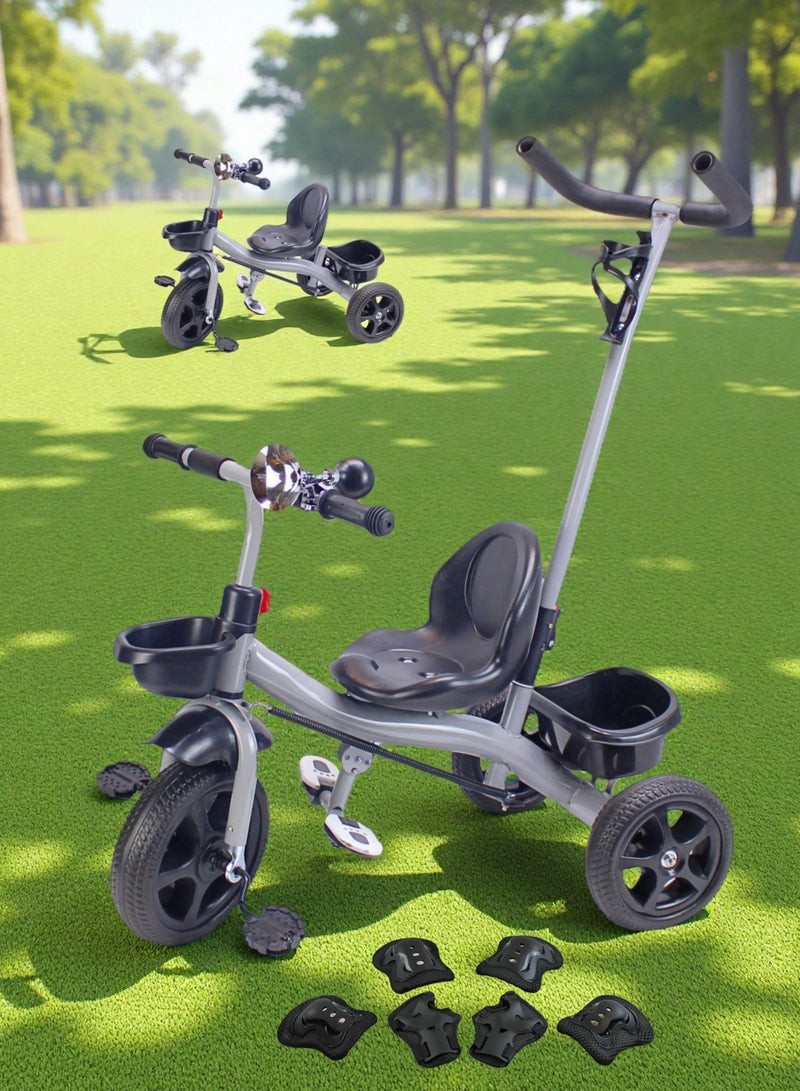 إيزي فيتشور دراجة ثلاثية العجلات للأطفال من EASY FUTURE مزودة بمقبض دفع للوالدين مع سلة تخزين (رمادي، أحمر، وردي، يمكن الاختيار) تتضمن العبوة مجموعة معدات الحماية - Image 1