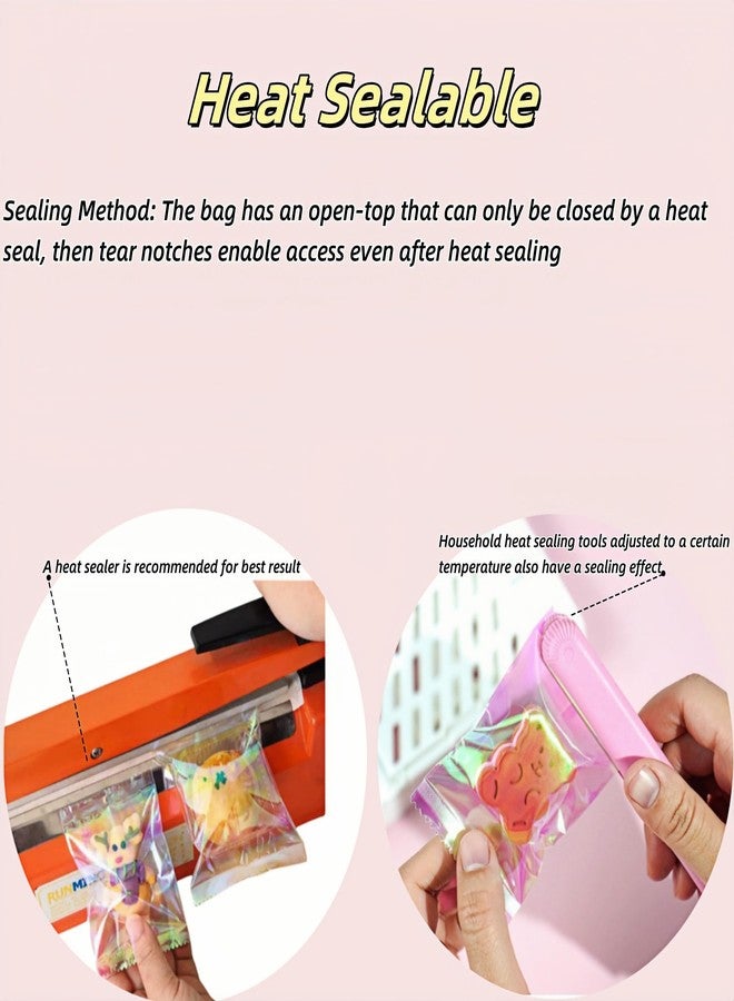 MITOB 100 Pack Iridescent Holographic Cellophane Treat Bags 2.36x3.54 inch Clear Heat Seal Cookie Candy Wrappers Individual Bakery Packaging Homemade Pouch for Birthday Party Favor Chocolate Snacks - Image 3