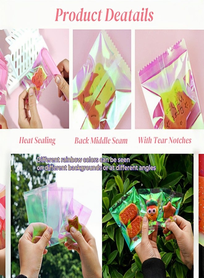MITOB 100 Pack Iridescent Holographic Cellophane Treat Bags 2.36x3.54 inch Clear Heat Seal Cookie Candy Wrappers Individual Bakery Packaging Homemade Pouch for Birthday Party Favor Chocolate Snacks - Image 2
