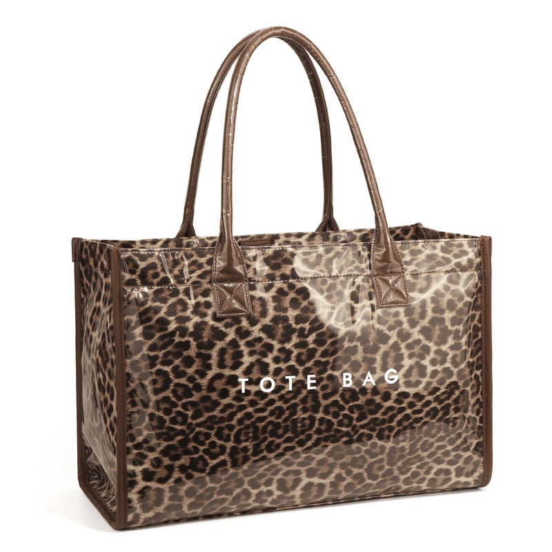Leopard Brown PVC Large Tote Bag with Double Handles and Magnetic Closure - Image 1