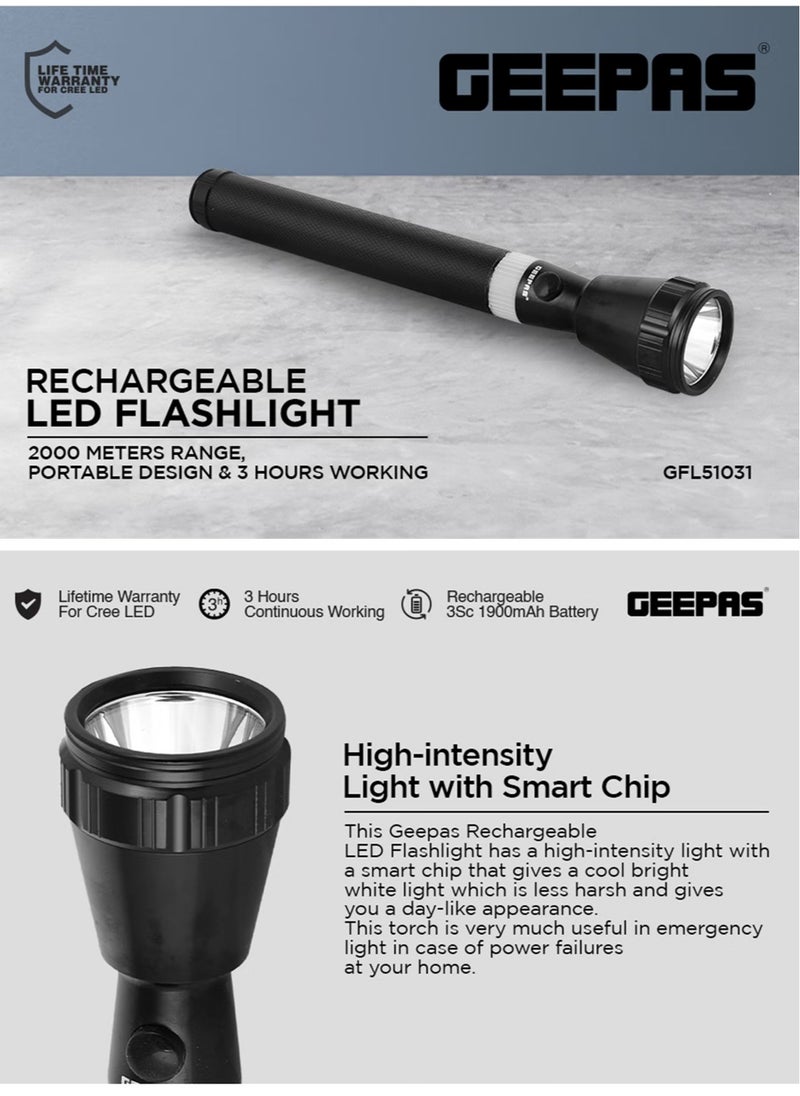 GEEPAS - Rechargeable LED Flashlight - Geepas GFL51031N Rechargeable Led Flashlight - Torch With 2000 Meters Range, Portable Design & 3 Hours Working |Perfect For Camping Bicycle Hiking Emergency, - Image 1
