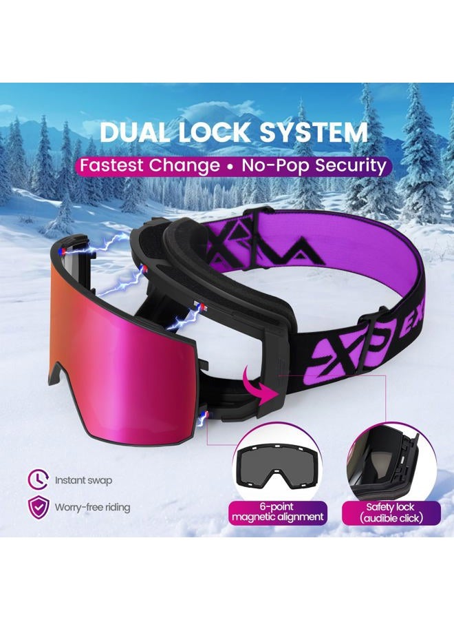 EXP VISION Ski Goggles Dual Lock Magnetic Snow Goggles Interchangeable Lens with Anti-Fog Panoramic Snowboard Goggles for Men & Women (Black-Burgundy) - Image 3