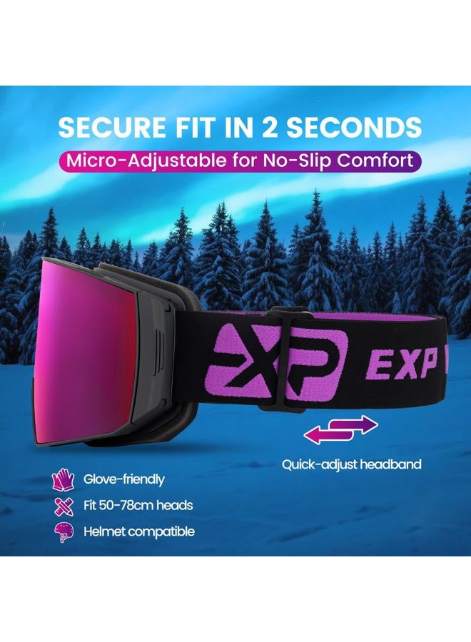 EXP VISION Ski Goggles Dual Lock Magnetic Snow Goggles Interchangeable Lens with Anti-Fog Panoramic Snowboard Goggles for Men & Women (Black-Burgundy) - Image 5