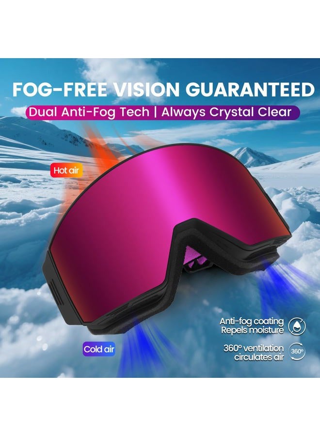 EXP VISION Ski Goggles Dual Lock Magnetic Snow Goggles Interchangeable Lens with Anti-Fog Panoramic Snowboard Goggles for Men & Women (Black-Burgundy) - Image 4