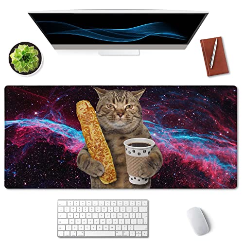SSOIU Extended Mouse Pad, XXL Gaming Mouse Pads, Large Big Mousepad Laptop Computer Keyboard Mat Desk Pad with Non-Slip Base Stitched Edge for Gaming Office, 35.5 x 15.7 inch, Funny Cat - Image 3