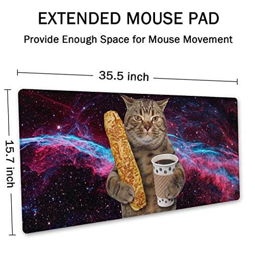SSOIU Extended Mouse Pad, XXL Gaming Mouse Pads, Large Big Mousepad Laptop Computer Keyboard Mat Desk Pad with Non-Slip Base Stitched Edge for Gaming Office, 35.5 x 15.7 inch, Funny Cat - Image 2