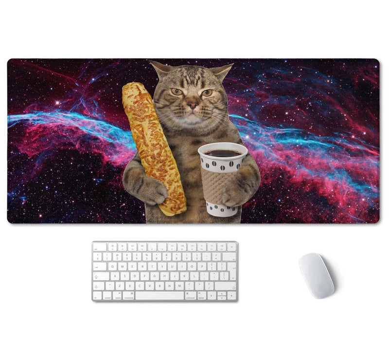 SSOIU Extended Mouse Pad, XXL Gaming Mouse Pads, Large Big Mousepad Laptop Computer Keyboard Mat Desk Pad with Non-Slip Base Stitched Edge for Gaming Office, 35.5 x 15.7 inch, Funny Cat - Image 1