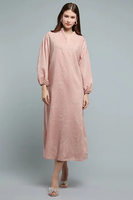 أر أند بي Embellished Midi Dress with Split Neck and Long Sleeves