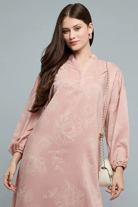 أر أند بي Embellished Midi Dress with Split Neck and Long Sleeves