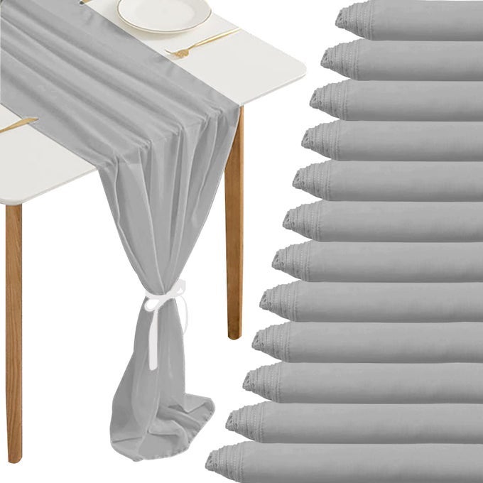 12 PACK CHIFFON TABLE RUNNER 27 X 120 INCHES SHEER ROMANTIC FOR WEDDING BIRTHDAY PARTY SHOWER DECORATION GRAY