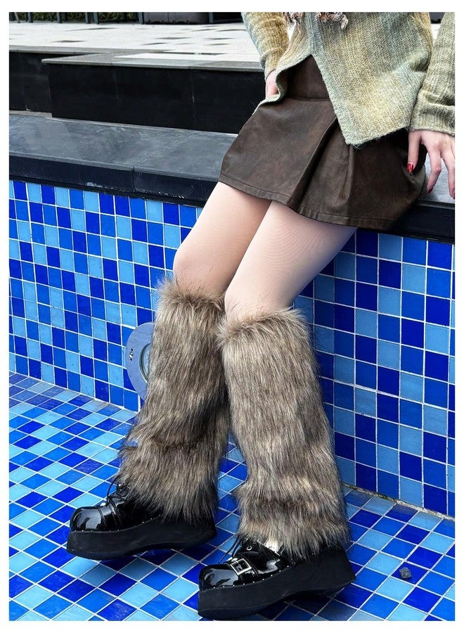 Verdusa Women's Y2K Fuzzy Furry Leg Warmers Plush Long Boot Socks Brown One-Size - Image 5