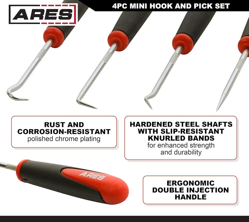 ARES 10034 – Mini Hook and Pick Set - 4-Piece Set Includes Angled, Straight, and Full Hooks and Picks - Hardened Steel Shafts - Easily Remove Hoses, O-Rings, and Gaskets - Image 3