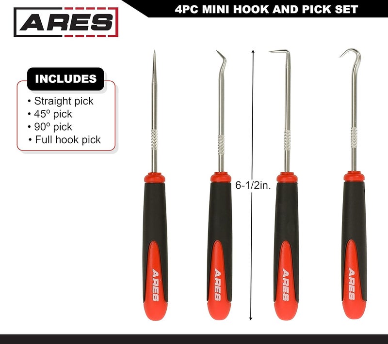 ARES 10034 – Mini Hook and Pick Set - 4-Piece Set Includes Angled, Straight, and Full Hooks and Picks - Hardened Steel Shafts - Easily Remove Hoses, O-Rings, and Gaskets - Image 2