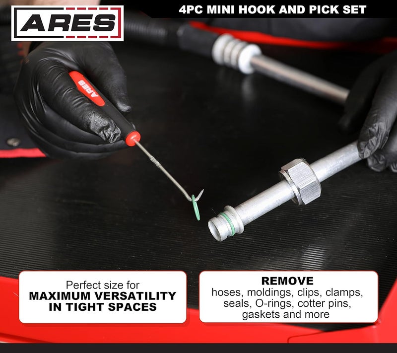 ARES 10034 – Mini Hook and Pick Set - 4-Piece Set Includes Angled, Straight, and Full Hooks and Picks - Hardened Steel Shafts - Easily Remove Hoses, O-Rings, and Gaskets - Image 4