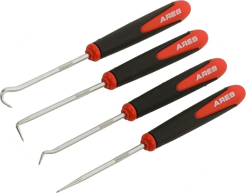 ARES 10034 – Mini Hook and Pick Set - 4-Piece Set Includes Angled, Straight, and Full Hooks and Picks - Hardened Steel Shafts - Easily Remove Hoses, O-Rings, and Gaskets - Image 1