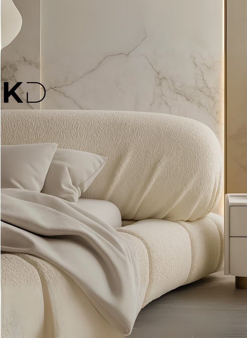 KustomDeco Cloud Velvet Upholstered Low-Profile Bed Frame with Rounded Cushioned Customizable Bed  Design – Modern Luxury Cream Fabric Platform Bed King Size 180x200cm - Image 2