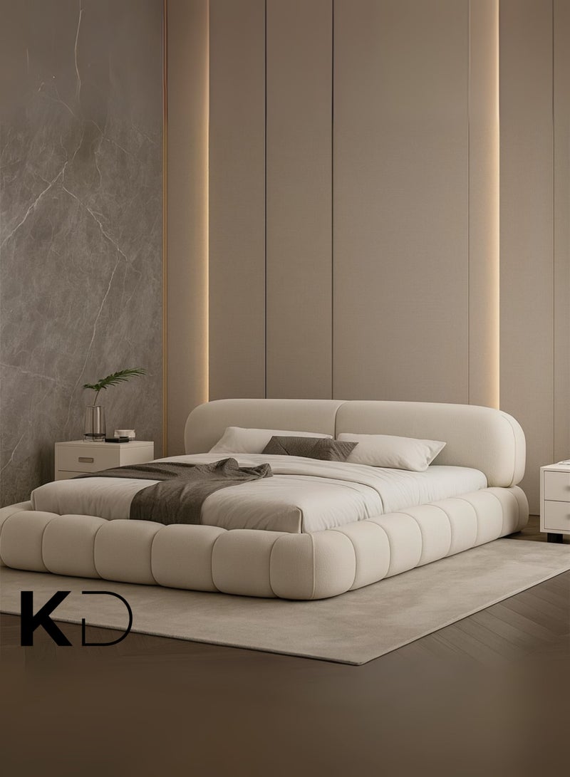 KustomDeco Cloud Velvet Upholstered Low-Profile Bed Frame with Rounded Cushioned Customizable Bed  Design – Modern Luxury Cream Fabric Platform Bed King Size 180x200cm - Image 5