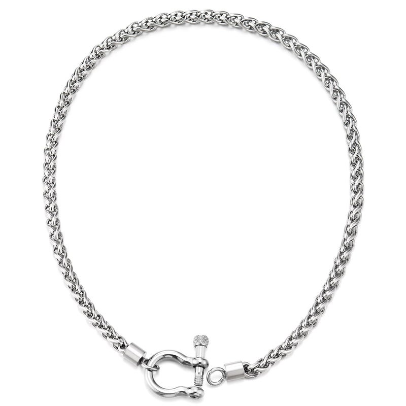 COOLSTEELANDBEYOND Mens Women Stainless Steel Wheat Chain Necklace With Horseshoe Shackle Clasp, Nautical Anchor Buckle Closure, Statement Jewelry - Image 4
