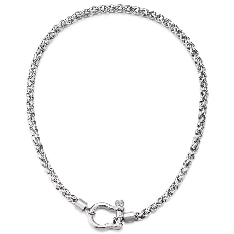 COOLSTEELANDBEYOND Mens Women Stainless Steel Wheat Chain Necklace With Horseshoe Shackle Clasp, Nautical Anchor Buckle Closure, Statement Jewelry - Image 1