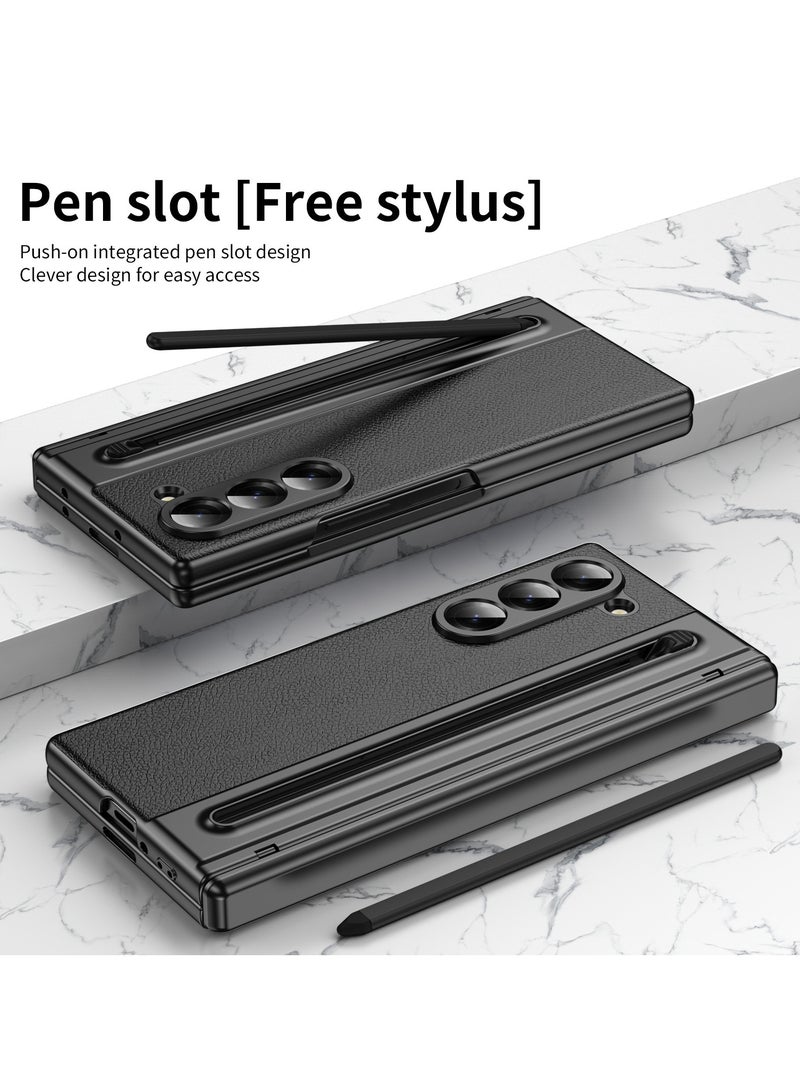 CoomBe Magsafe Hinge Phone Case with Stylus Pen for Samsung Galaxy Z Fold 7, Protective Leather Cover Inclusive Screen Glass and S Pen Black - Image 5