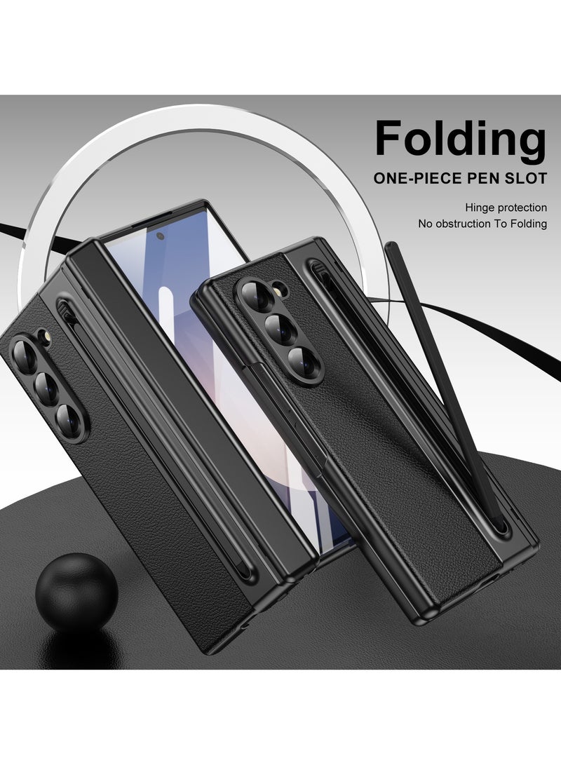 CoomBe Magsafe Hinge Phone Case with Stylus Pen for Samsung Galaxy Z Fold 7, Protective Leather Cover Inclusive Screen Glass and S Pen Black - Image 3