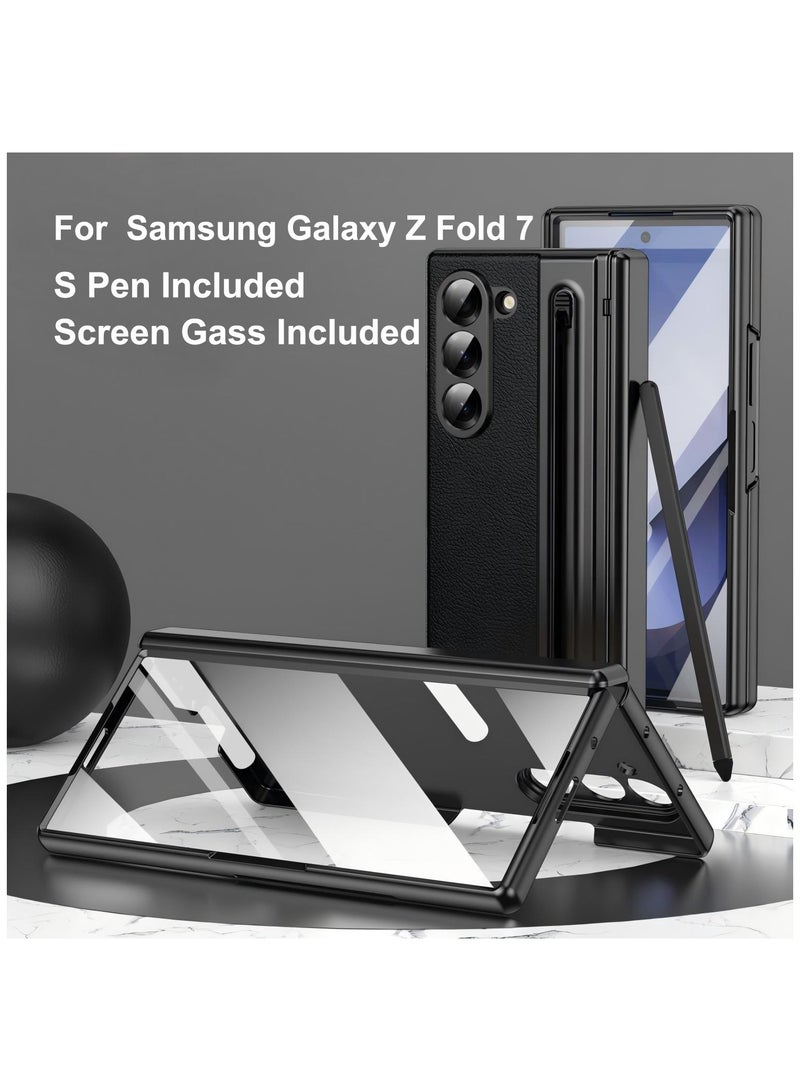 CoomBe Magsafe Hinge Phone Case with Stylus Pen for Samsung Galaxy Z Fold 7, Protective Leather Cover Inclusive Screen Glass and S Pen Black - Image 1