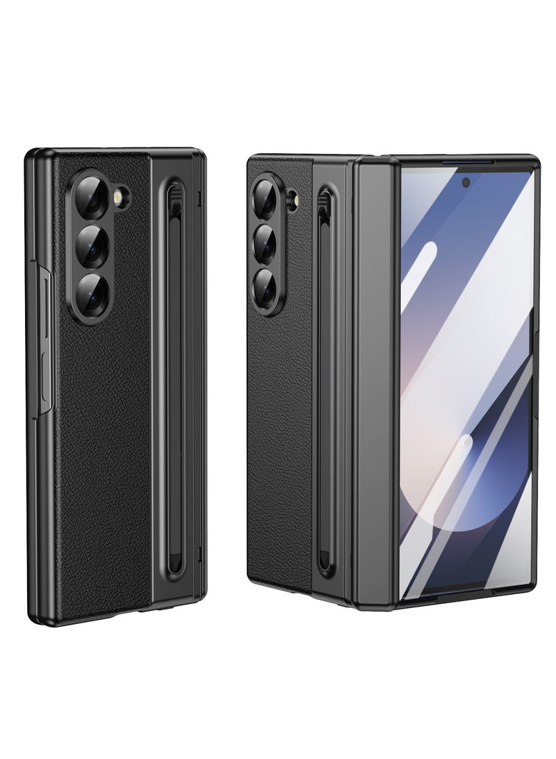 CoomBe Magsafe Hinge Phone Case with Stylus Pen for Samsung Galaxy Z Fold 7, Protective Leather Cover Inclusive Screen Glass and S Pen Black - Image 2