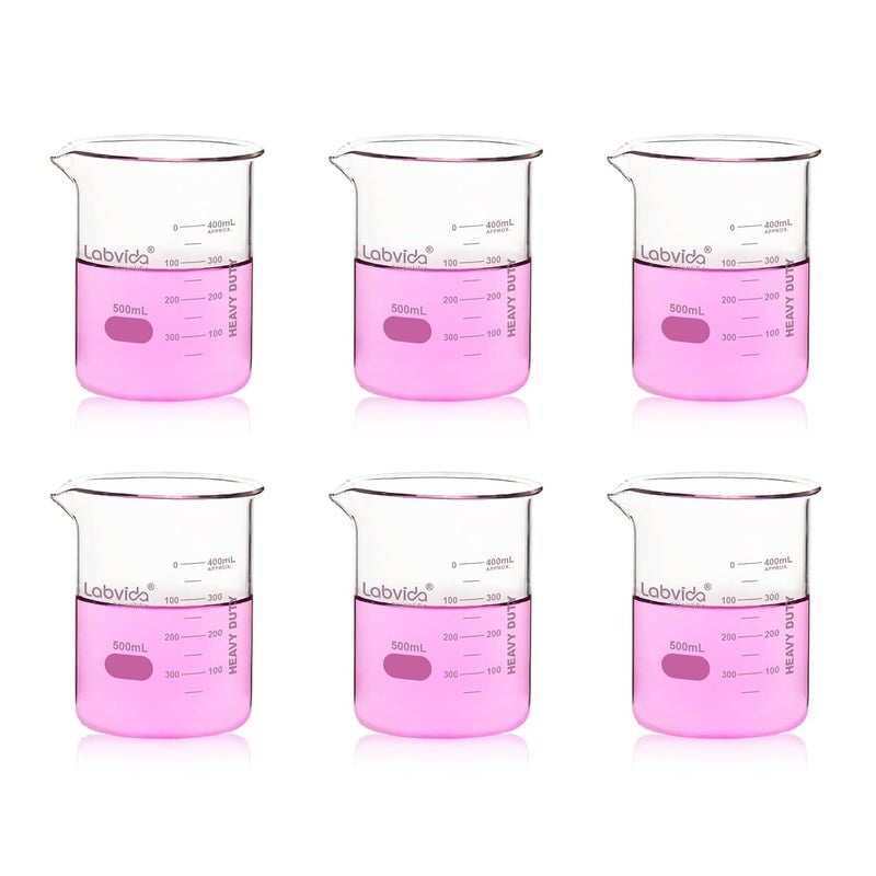 Labvida 6pcs 500ml Upgrated Thick Glass Beakers, Griffin Low Form Beaker Set with Double Scale, 3.3 Boro, LVA013 - Image 1