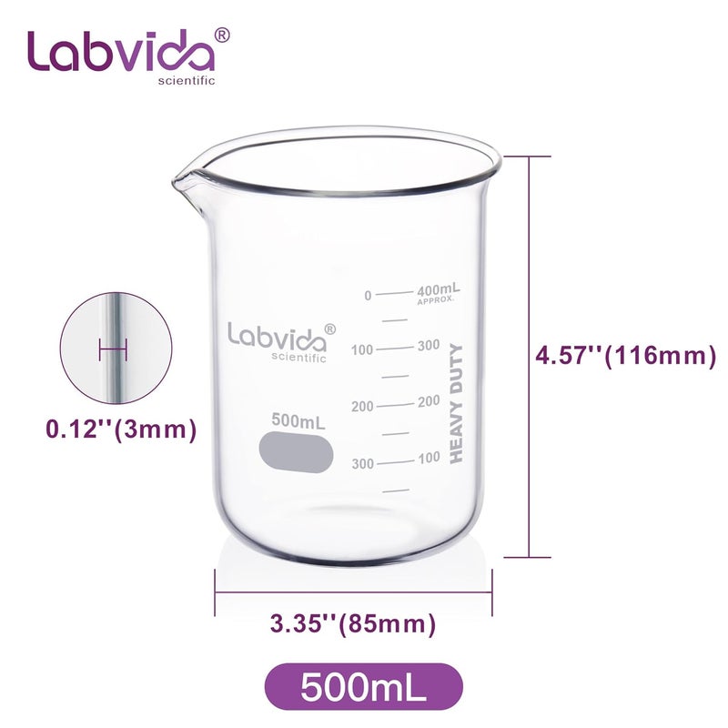 Labvida 6pcs 500ml Upgrated Thick Glass Beakers, Griffin Low Form Beaker Set with Double Scale, 3.3 Boro, LVA013 - Image 4