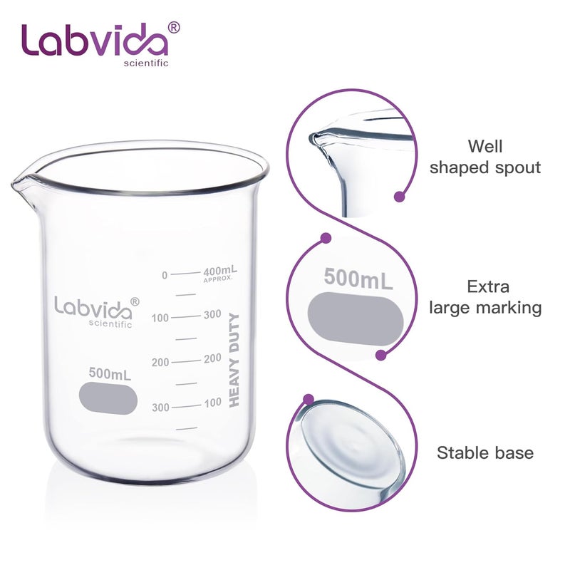 Labvida 6pcs 500ml Upgrated Thick Glass Beakers, Griffin Low Form Beaker Set with Double Scale, 3.3 Boro, LVA013 - Image 3