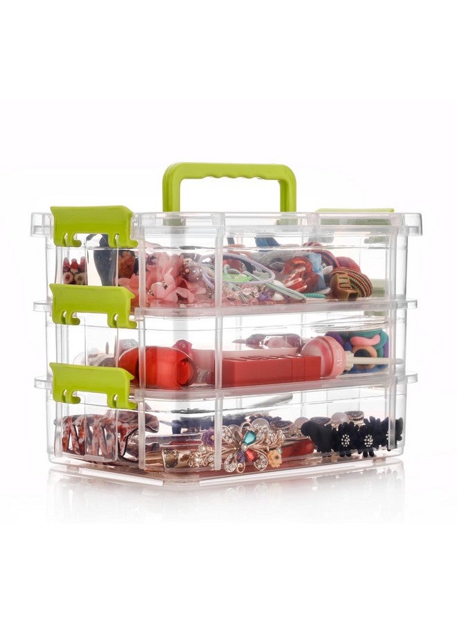 HOLLIO plastic boxes for Storage transparent boxes for storage, Portable & Stackable Space Saving Organiser with Lid for Medicine, Jewelry, Arts & Crafts, Buttons, Beads (3 TIER, Green) - Image 1