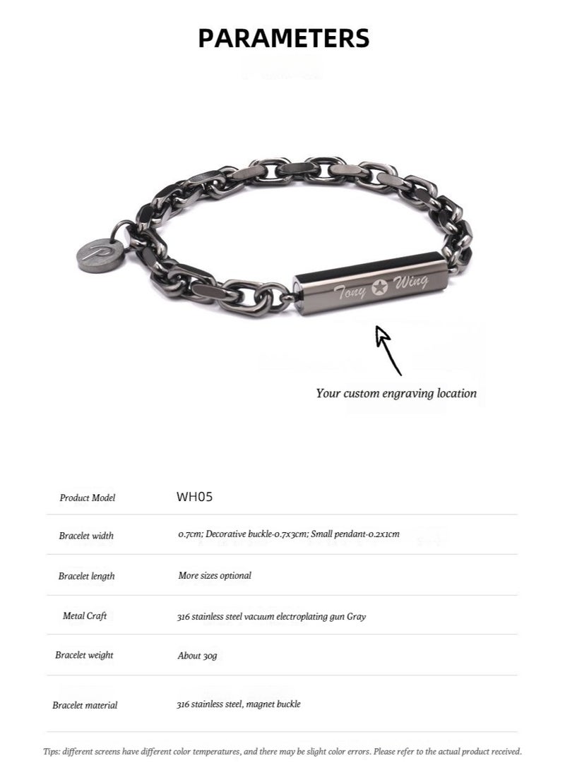 Power Ionics POWERIONICS Pine Retro Titanium Steel Cuban Men's and Women's Bracelet Gun Gray Black Free Engraving. If you need engraving, please contact the customer service via email. - Image 3