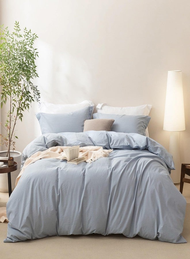 BDEAR Linen Feel Duvet Cover Queen Size, 100% Washed Cotton Comforter Cover 90x90inch with Zipper Closure Plus 2 Pillowcases, Solid-Cornflower Blue - Image 3