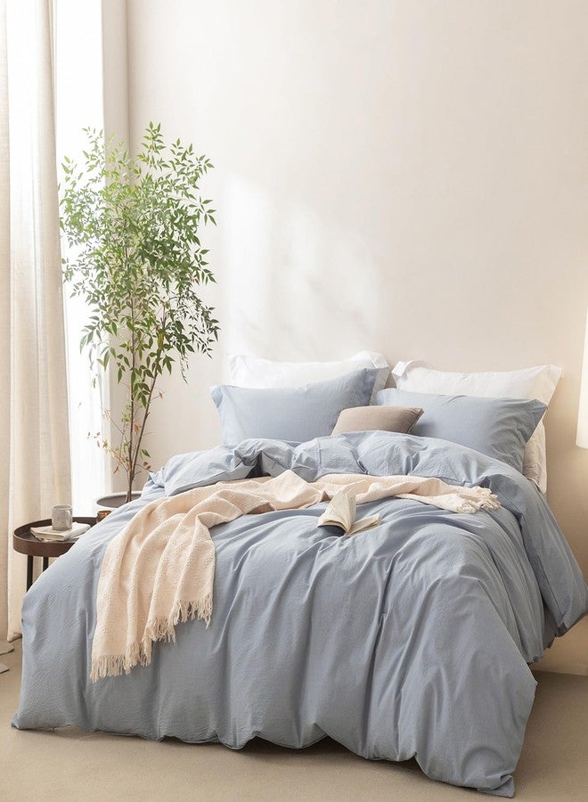 BDEAR Linen Feel Duvet Cover Queen Size, 100% Washed Cotton Comforter Cover 90x90inch with Zipper Closure Plus 2 Pillowcases, Solid-Cornflower Blue - Image 1