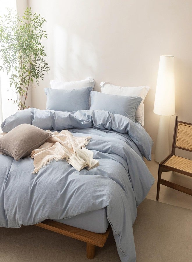 BDEAR Linen Feel Duvet Cover Queen Size, 100% Washed Cotton Comforter Cover 90x90inch with Zipper Closure Plus 2 Pillowcases, Solid-Cornflower Blue - Image 5