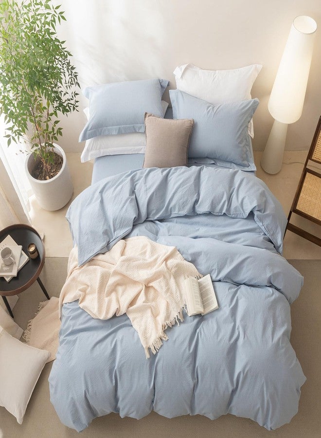 BDEAR Linen Feel Duvet Cover Queen Size, 100% Washed Cotton Comforter Cover 90x90inch with Zipper Closure Plus 2 Pillowcases, Solid-Cornflower Blue - Image 4