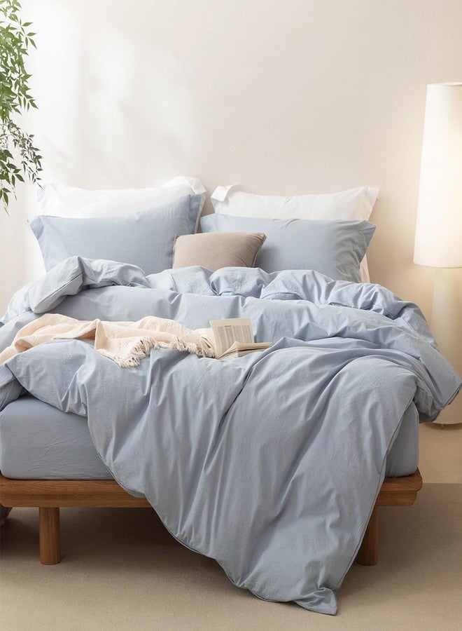 BDEAR Linen Feel Duvet Cover Queen Size, 100% Washed Cotton Comforter Cover 90x90inch with Zipper Closure Plus 2 Pillowcases, Solid-Cornflower Blue - Image 2