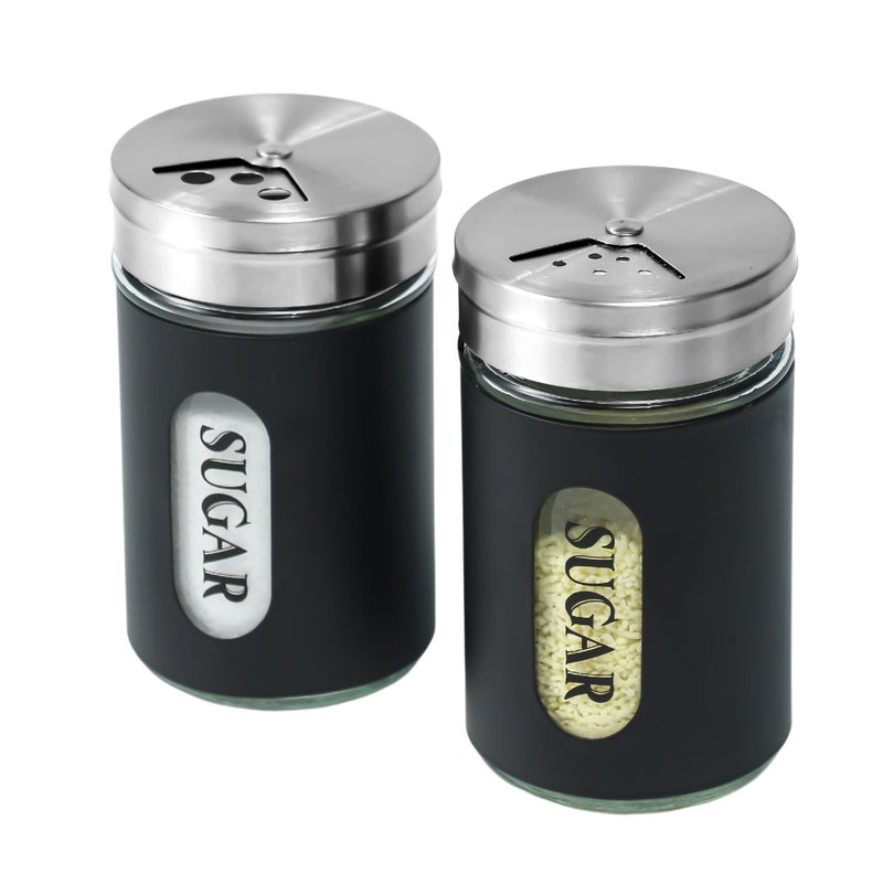 STJKBDFC Sugar Shaker Duster Stainless Steel and Glass Set with Adjustable Pour Holes Cinnamon Shaker For Coffee Bar,set of 2 (Black) - Image 1