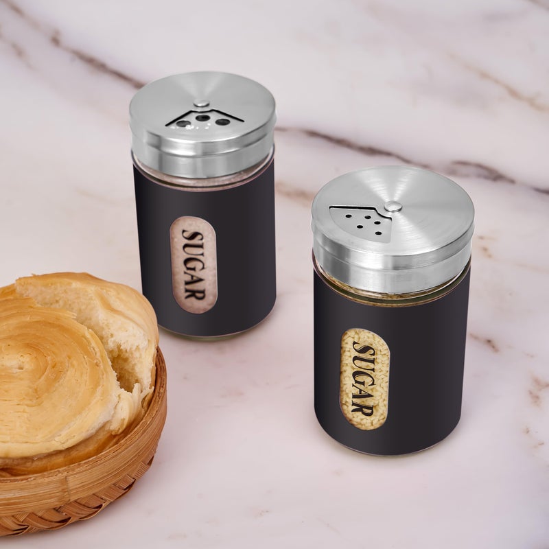 STJKBDFC Sugar Shaker Duster Stainless Steel and Glass Set with Adjustable Pour Holes Cinnamon Shaker For Coffee Bar,set of 2 (Black) - Image 2