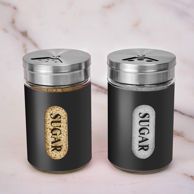 STJKBDFC Sugar Shaker Duster Stainless Steel and Glass Set with Adjustable Pour Holes Cinnamon Shaker For Coffee Bar,set of 2 (Black) - Image 3