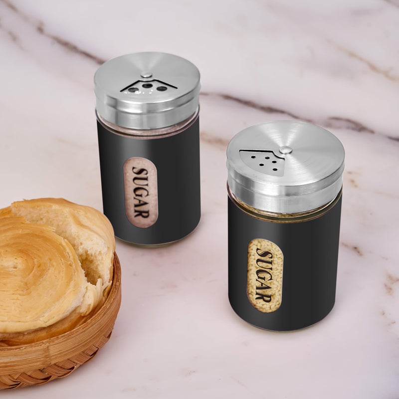 STJKBDFC Sugar Shaker Duster Stainless Steel and Glass Set with Adjustable Pour Holes Cinnamon Shaker For Coffee Bar,set of 2 (Black) - Image 4