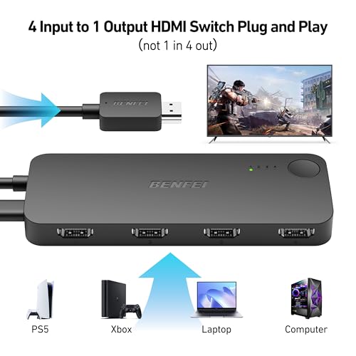 BENFEI HDMI Switch 4 in 1 Out 4K60Hz 2K144Hz HDCP 23 with Adaptive Equalization Support 10M HDMI Transmit Compatible for PS54 Xbox Roku FireStick Switch - Image 3