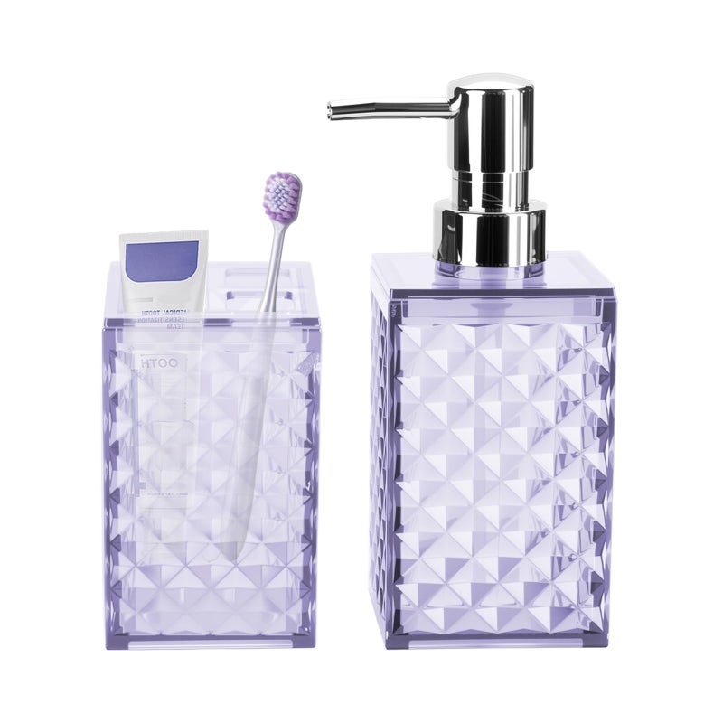 RRM Bathroom Accessories Set 2 PCS, Purple Bathroom Accessories Include Soap Dispenser and Toothbrush Holder, Diamond Pattern Bathroom Set for Boho Bathroom Decor - Image 1