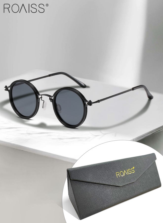 رويس نظارة شمسية دائرية مستقطبة نسائية، نظارة الشمس الواقية من الأشعة فوق البنفسجية 400 بإطار معدني أسود وعدسات رمادية، ظلال شمس مضادة للوهج عصرية أنيقة للنساء مع حافظة النظارة، 47 مم - Image 2