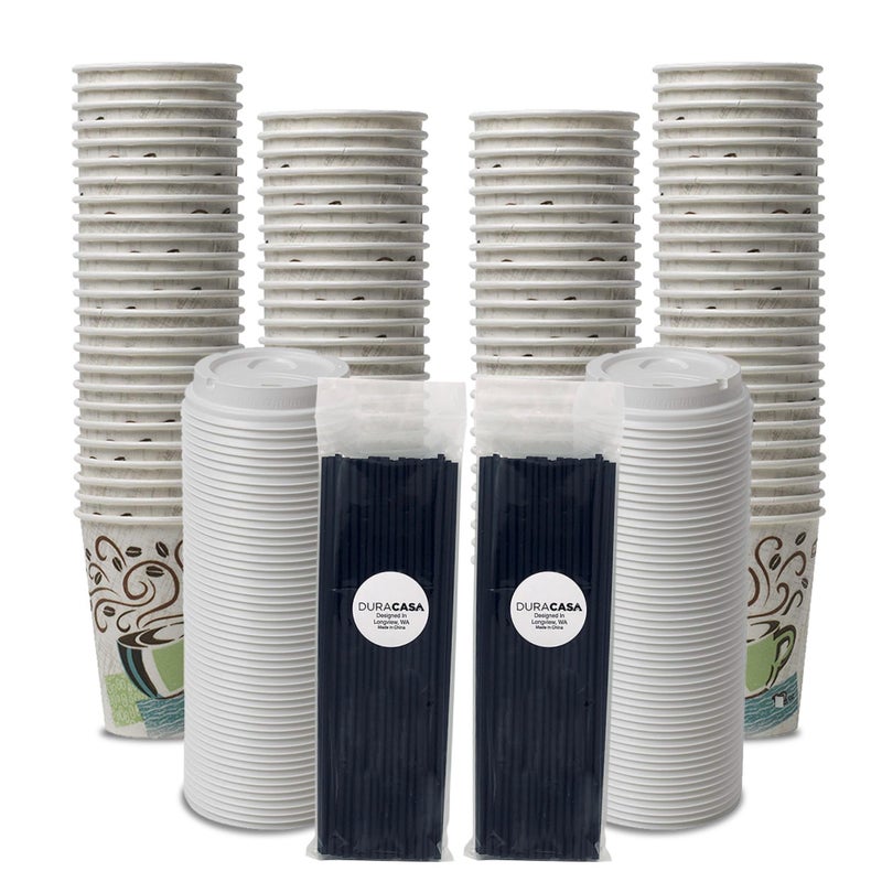 DuraCasa DuraCasa Straws and Dixie PerfecTouch WiseSize Coffee Design Insulated Paper Cup 16oz Cups Lids and DrinkingSticks Bundle 16 oz 100 Cups 100 Lids 100 Straws