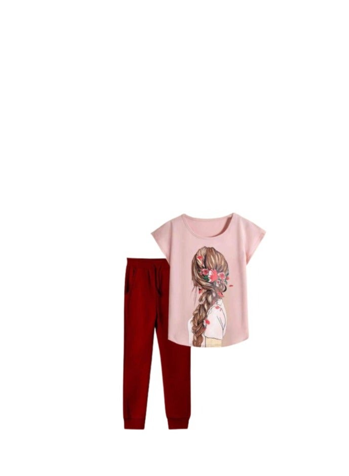 Girls' outfit, cashmere graphic T-shirt and burgundy pants - Image 2